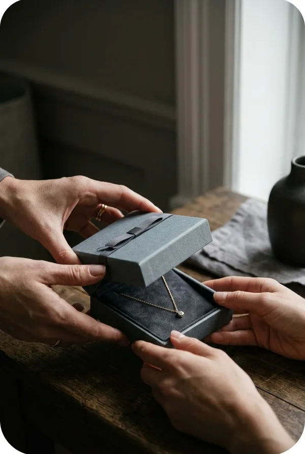 Hands opening a presented jewelry gift box