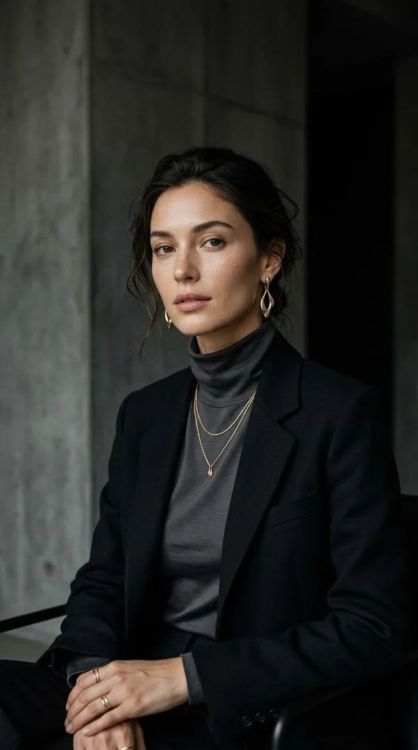 Close-up editorial portrait of a woman wearing fine jewelry